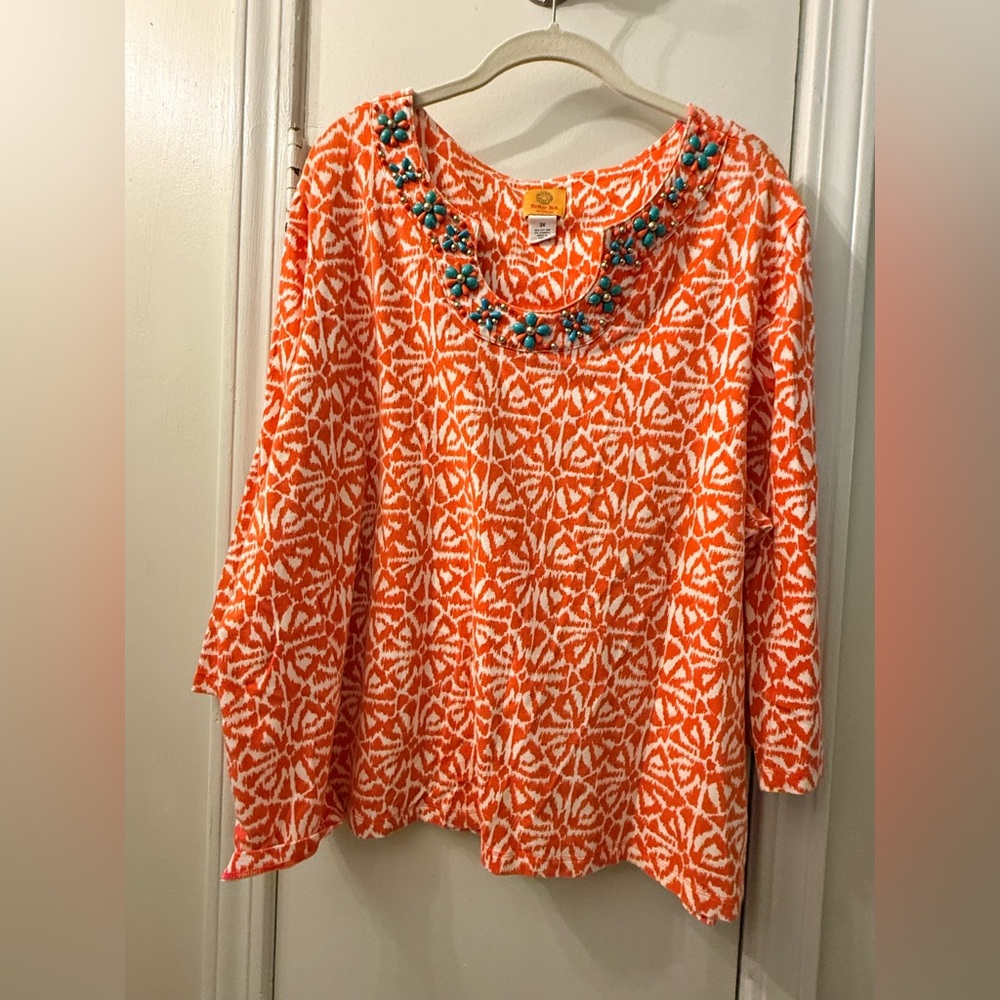 Ruby Rd 3X Embellished Orange White Women's Top